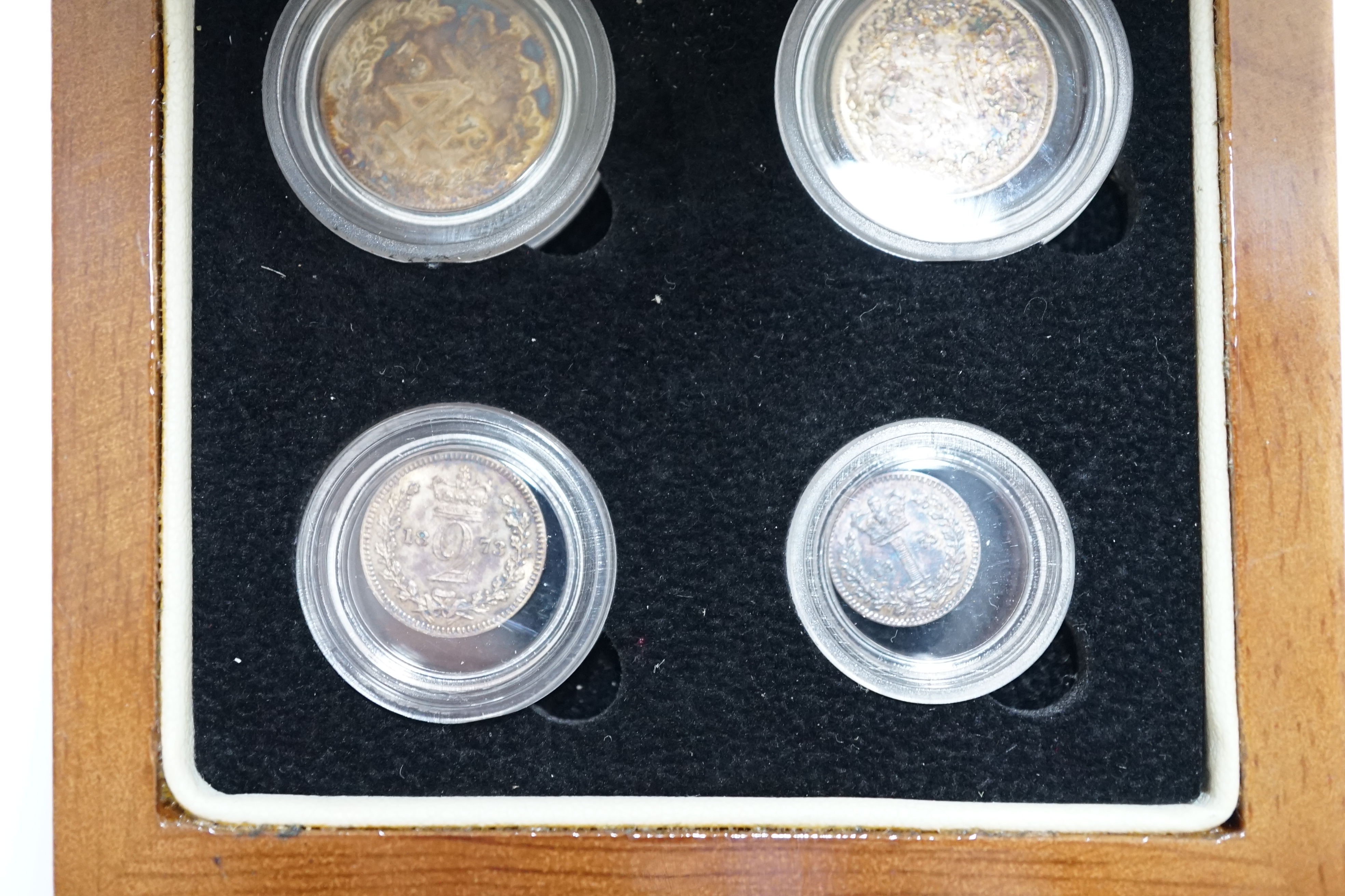 British silver coins, Victoria Young portrait four coin set of Maundy coins, 1873, toned UNC, London mint office case